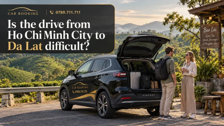 drive from Ho Chi Minh City to Da Lat — article title on an illustration of a Car Booking vehicle and travellers