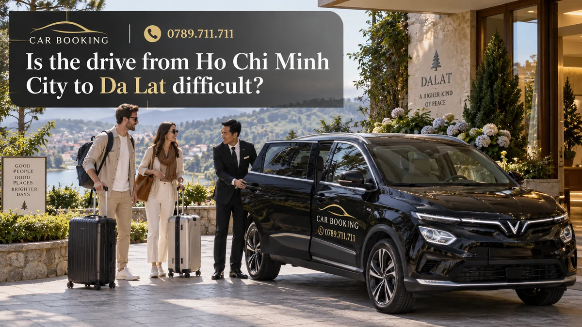 drive from Ho Chi Minh City to Da Lat — article title on a separate illustration of a private car journey with travellers