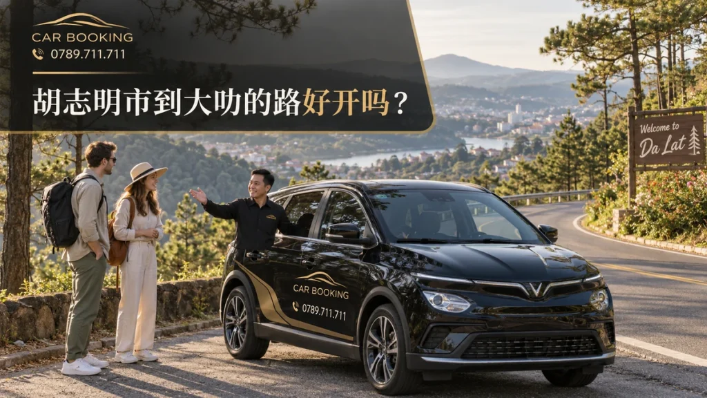 胡志明市到大叻的路：文章标题设计，Car Booking车辆与旅客示意图
