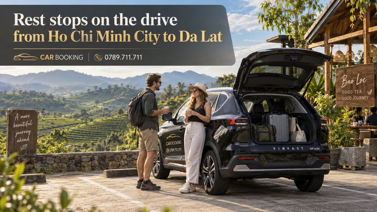 rest stops on the drive — article title on an illustration of a Car Booking vehicle and travellers