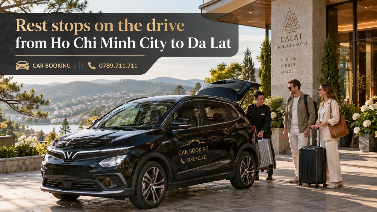 rest stops on the drive — article title on a separate illustration of a private car journey with travellers