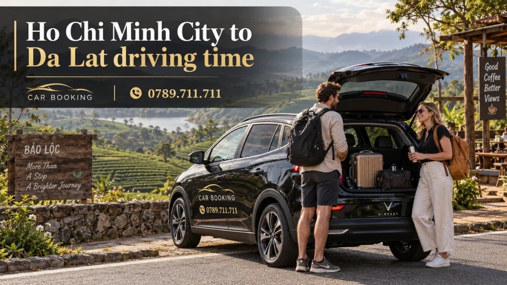 Ho Chi Minh City to Da Lat driving time — article title on an illustration of a Car Booking vehicle and travellers