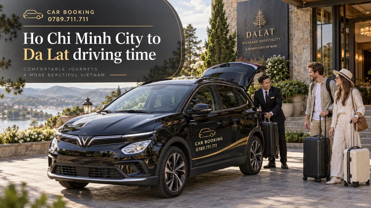 Ho Chi Minh City to Da Lat driving time — article title on a separate illustration of a private car journey with travellers