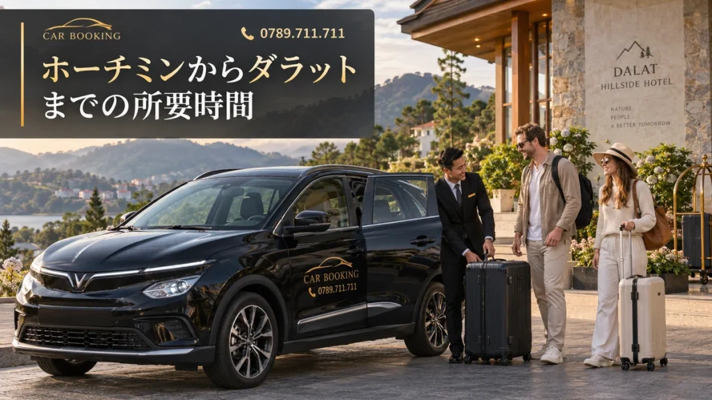 ホーチミンからダラットまでの所要時間:記事タイトル入り、Car Bookingの車と旅行者のイメージ