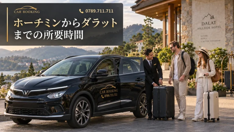 ホーチミンからダラットまでの所要時間：記事タイトル入り、Car Bookingの車と旅行者のイメージ