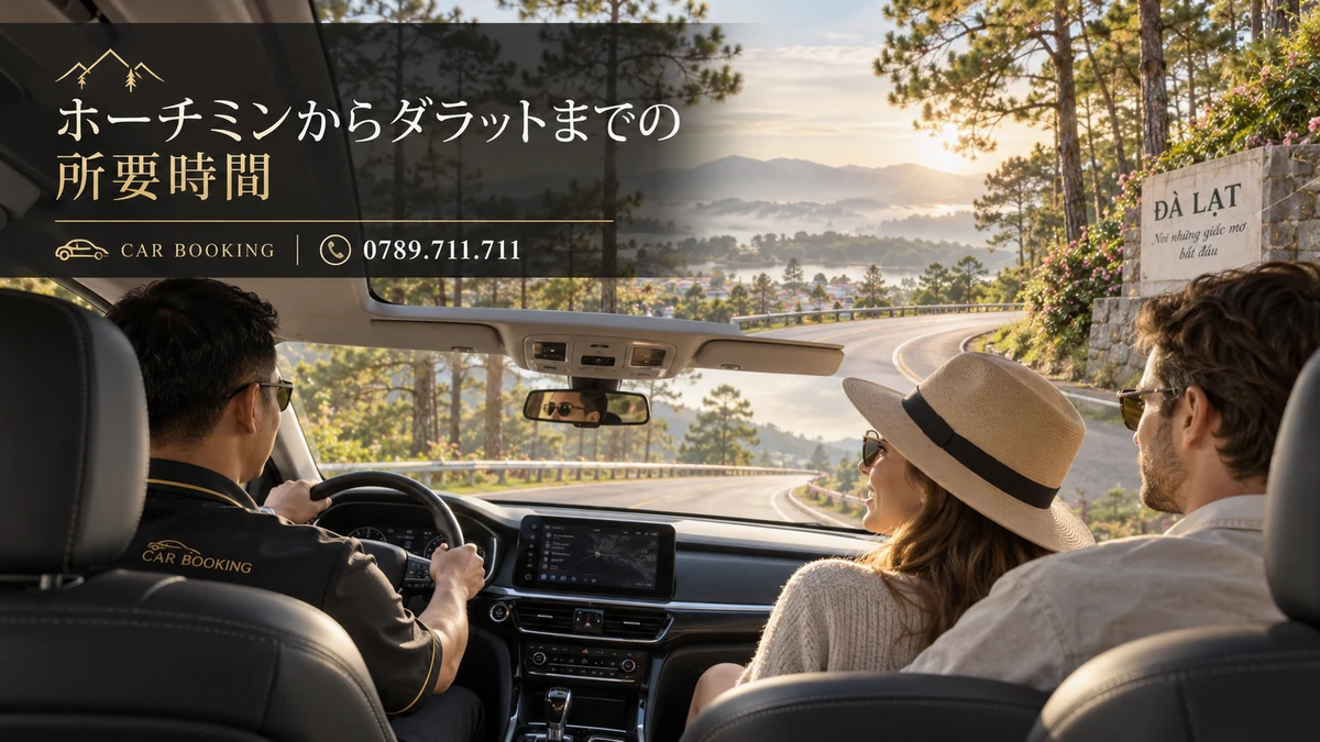 ホーチミンからダラットまでの所要時間:記事タイトル入り、車で旅する旅行者の別イメージ