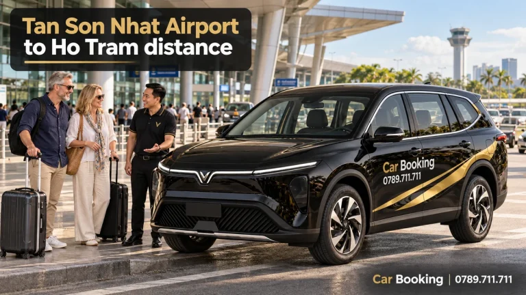 Illustration titled “Tan Son Nhat Airport to Ho Tram distance”, with a Car Booking vehicle and travellers.