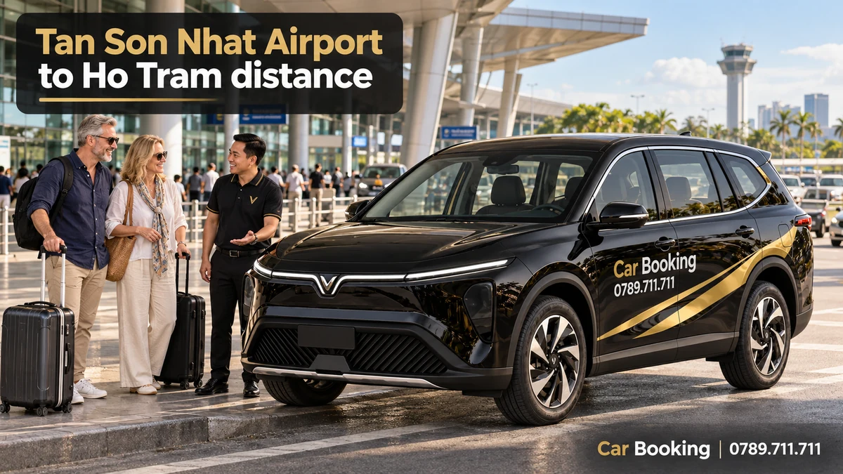 Illustration titled “Tan Son Nhat Airport to Ho Tram distance”, with a Car Booking vehicle and travellers.