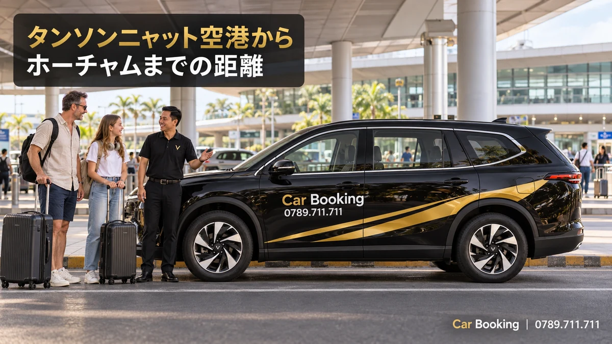 「タンソンニャット空港からホーチャムまでの距離」と記したイメージ。Car Bookingの車と旅行者。