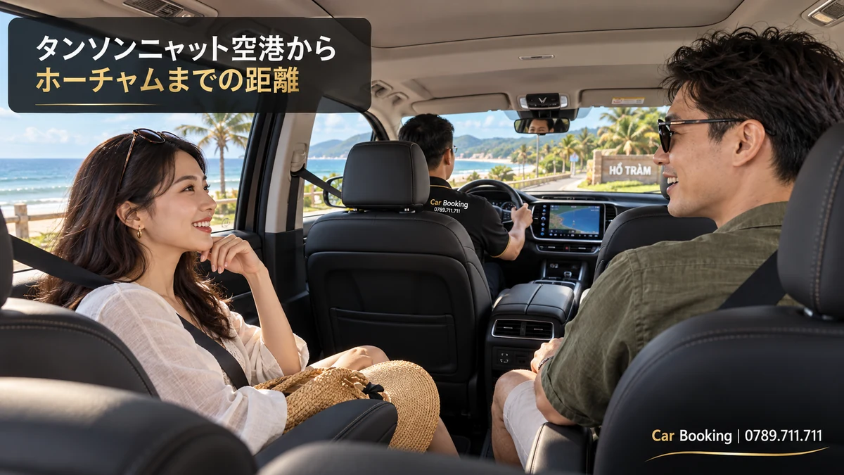 「タンソンニャット空港からホーチャムまでの距離」と記したイメージ。車内の男女の旅行者と左側の運転席。
