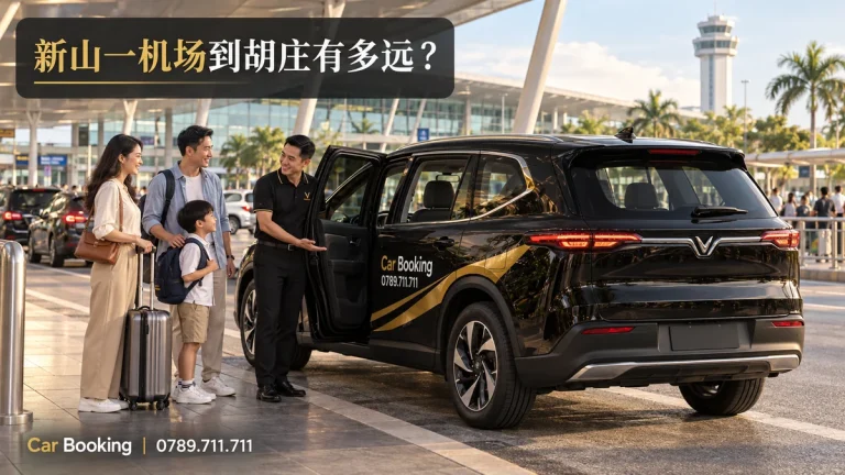 标有“新山一机场到胡庄有多远”标题的示意图，展示Car Booking车辆和乘客。
