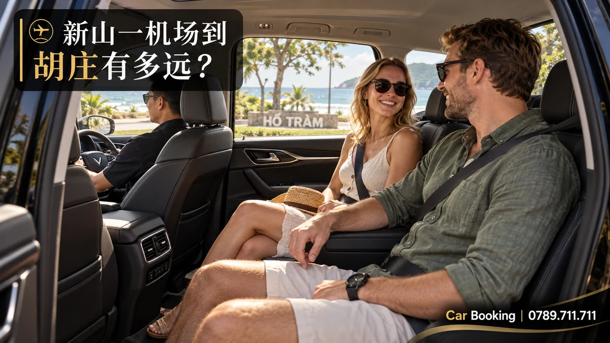 标有“新山一机场到胡庄有多远”标题的示意图，展示车内男女乘客及左侧驾驶位。