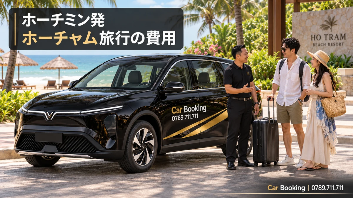 「ホーチミン発ホーチャム旅行の費用」と記したイメージ。Car Bookingの車と旅行者。