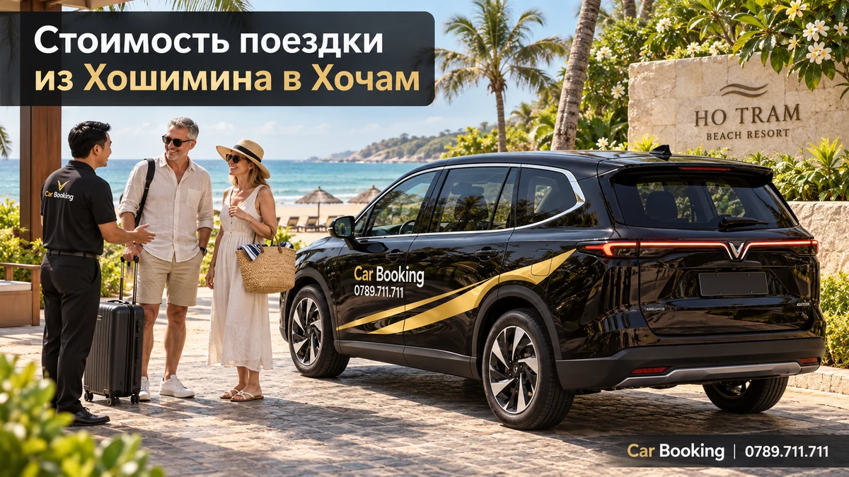 Иллюстрация с заголовком «Стоимость поездки из Хошимина в Хочам»: автомобиль Car Booking и путешественники.