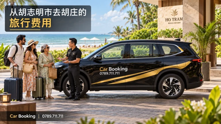 标有“从胡志明市去胡庄的旅行费用”标题的示意图，展示Car Booking车辆和乘客。