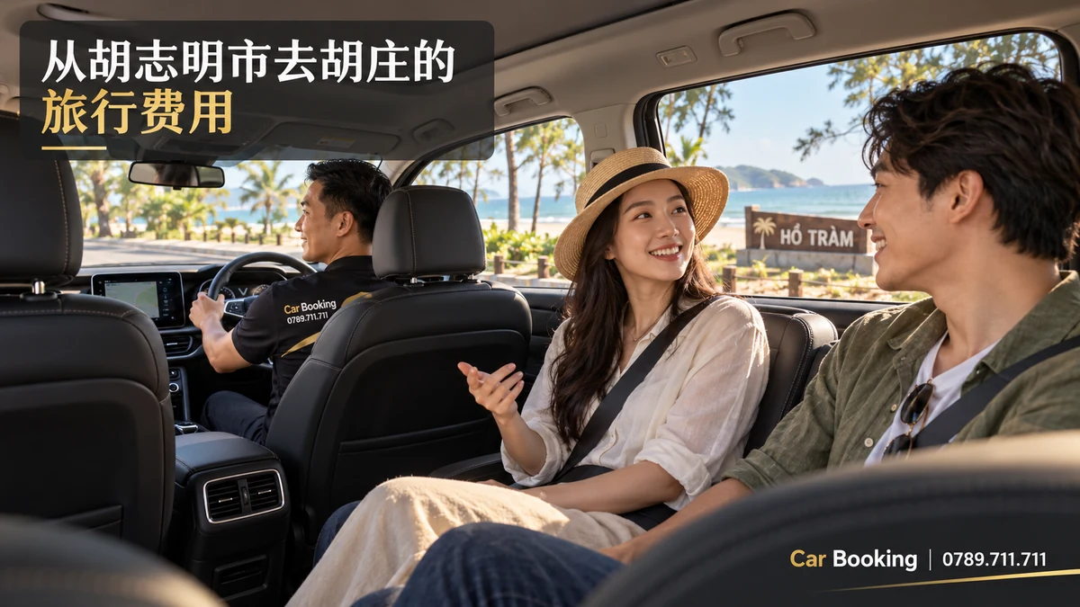 标有“从胡志明市去胡庄的旅行费用”标题的示意图，展示车内男女乘客及左侧驾驶位。