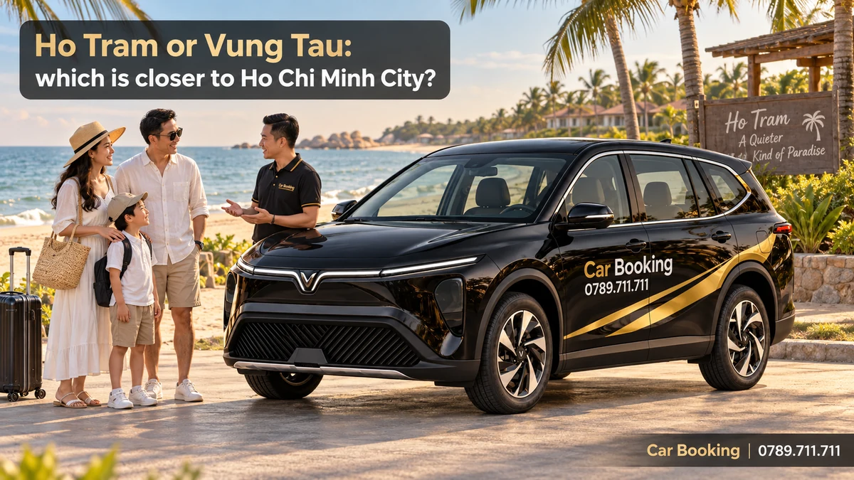 Illustration titled “Ho Tram or Vung Tau”, with a Car Booking vehicle and travellers.