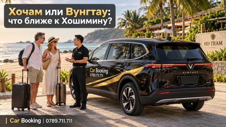 Иллюстрация с заголовком «Хочам или Вунгтау»: автомобиль Car Booking и путешественники.