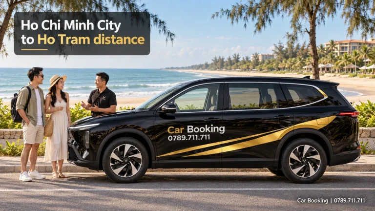 Illustration titled “Ho Chi Minh City to Ho Tram distance”, with a Car Booking vehicle and travellers.
