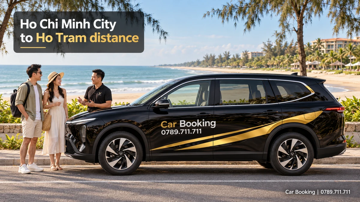 Illustration titled “Ho Chi Minh City to Ho Tram distance”, with a Car Booking vehicle and travellers.