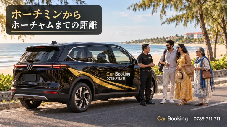 「ホーチミンからホーチャムまでの距離」と記したイメージ。Car Bookingの車と旅行者。