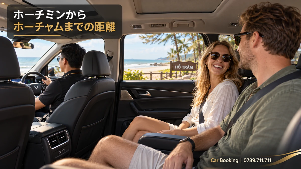 「ホーチミンからホーチャムまでの距離」と記したイメージ。車内の男女の旅行者と左側の運転席。