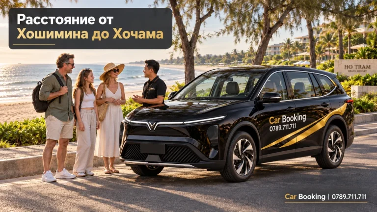 Иллюстрация с заголовком «Расстояние от Хошимина до Хочама»: автомобиль Car Booking и путешественники.