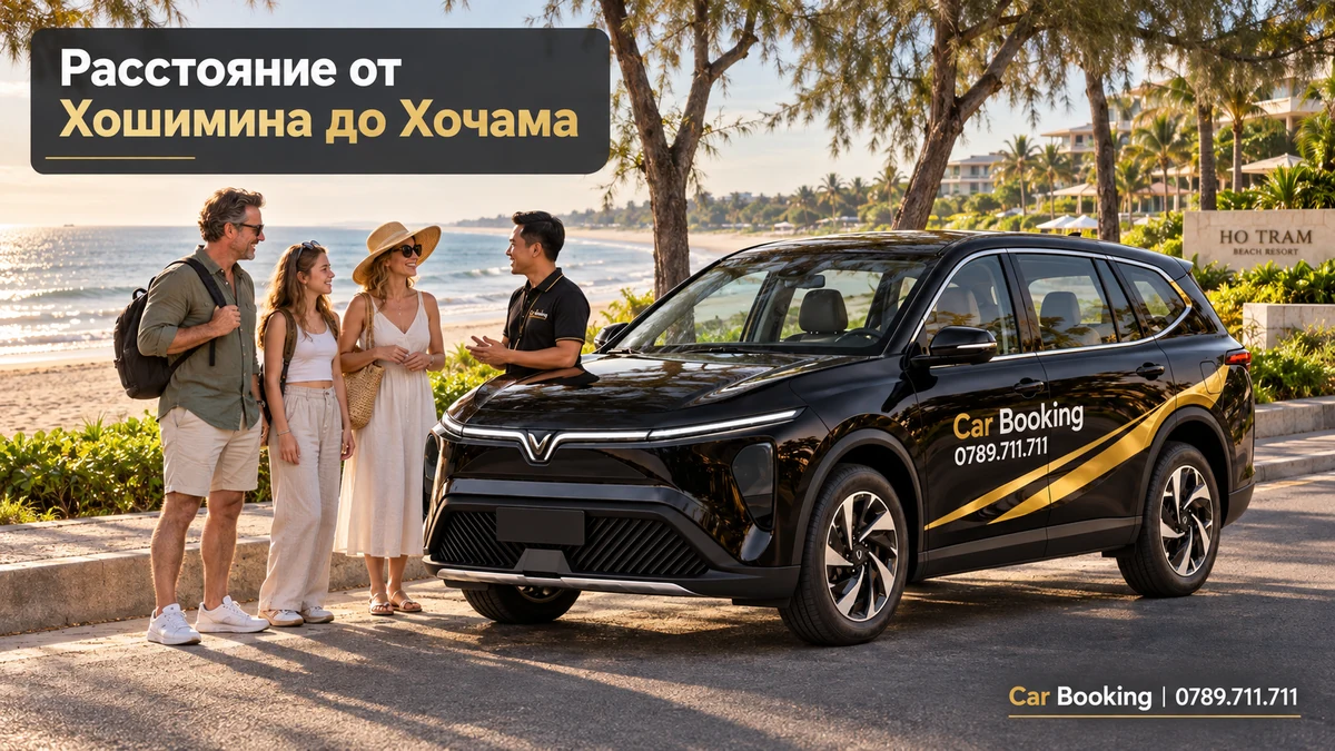 Иллюстрация с заголовком «Расстояние от Хошимина до Хочама»: автомобиль Car Booking и путешественники.