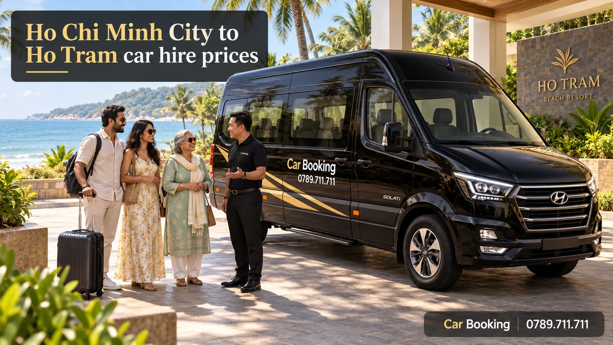 Illustration titled “Ho Chi Minh City to Ho Tram car hire prices”, with a Car Booking vehicle and travellers.