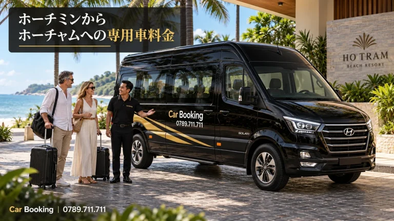 「ホーチミンからホーチャムへの専用車料金」と記したイメージ。Car Bookingの車と旅行者。