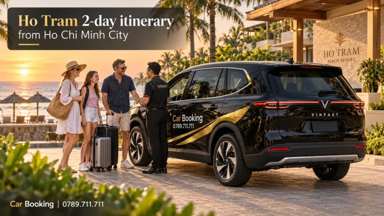 Illustration titled “Ho Tram 2-day itinerary from Ho Chi Minh City”, with a Car Booking vehicle and travellers.