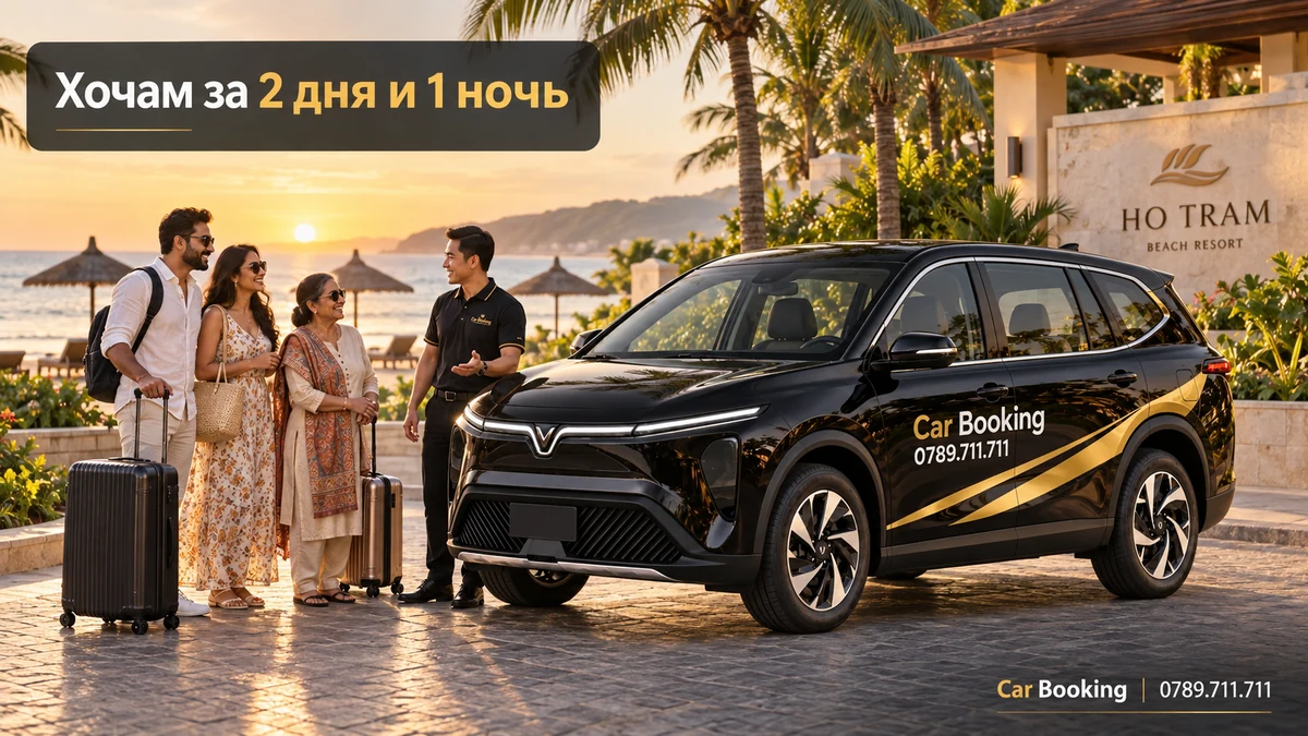 Иллюстрация с заголовком «Хочам за 2 дня и 1 ночь»: автомобиль Car Booking и путешественники.