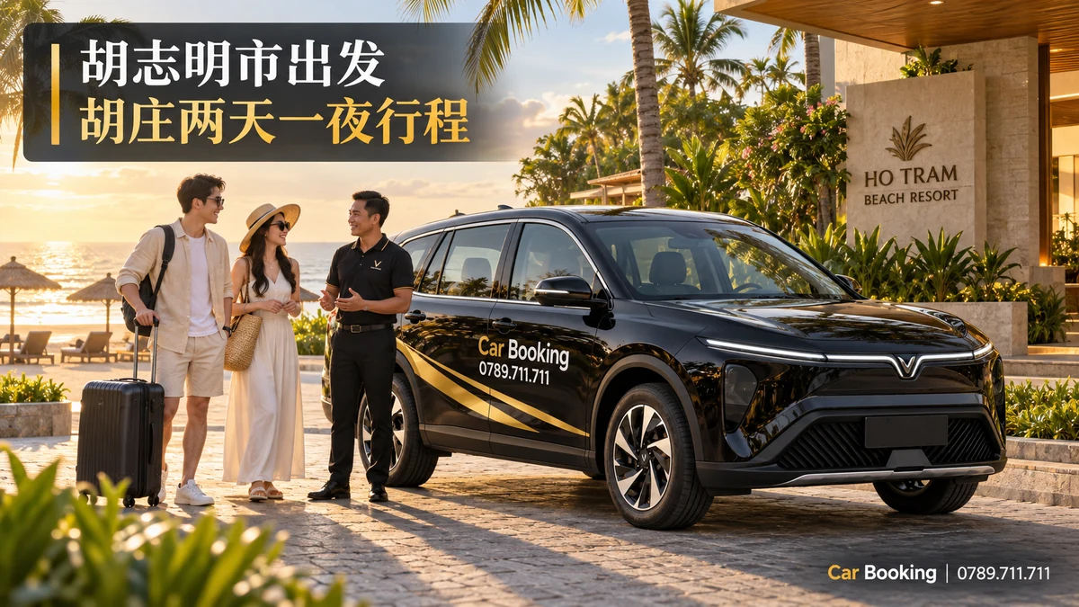 标有“胡志明市出发胡庄两天一夜行程”标题的示意图，展示Car Booking车辆和乘客。