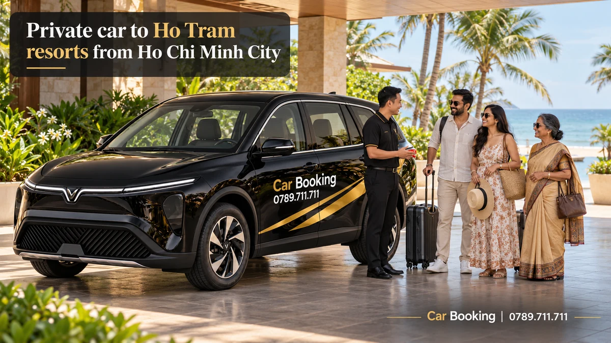 Illustration titled “Private car to Ho Tram resorts from Ho Chi Minh City”, with a Car Booking vehicle and travellers.