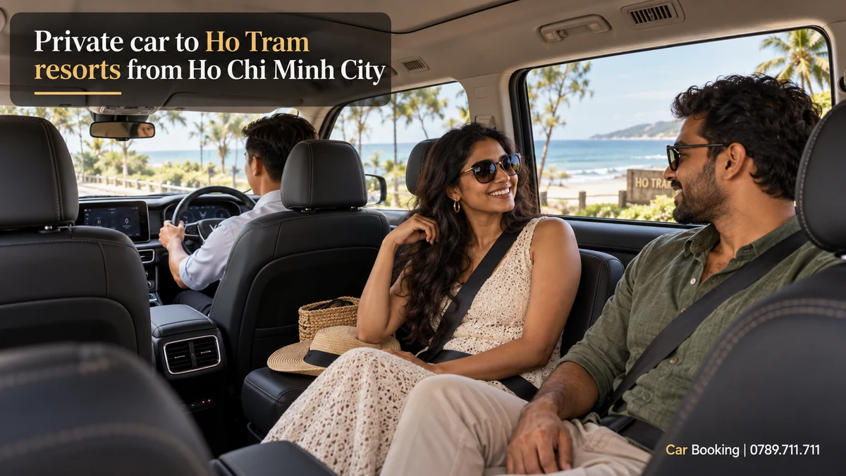 Illustration titled “Private car to Ho Tram resorts from Ho Chi Minh City”, with a man and woman in the cabin and a left-hand driving position.