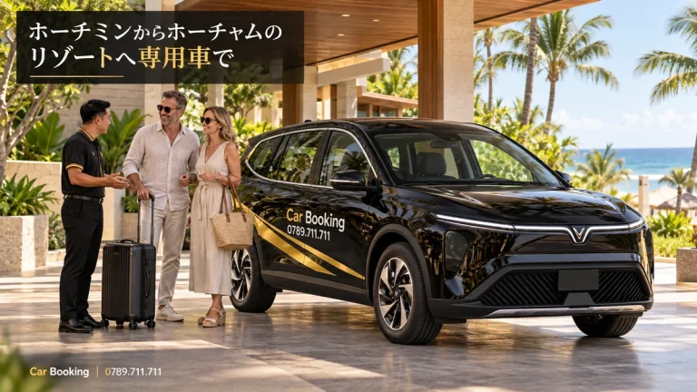 「ホーチミンからホーチャムのリゾートへ専用車で」と記したイメージ。Car Bookingの車と旅行者。
