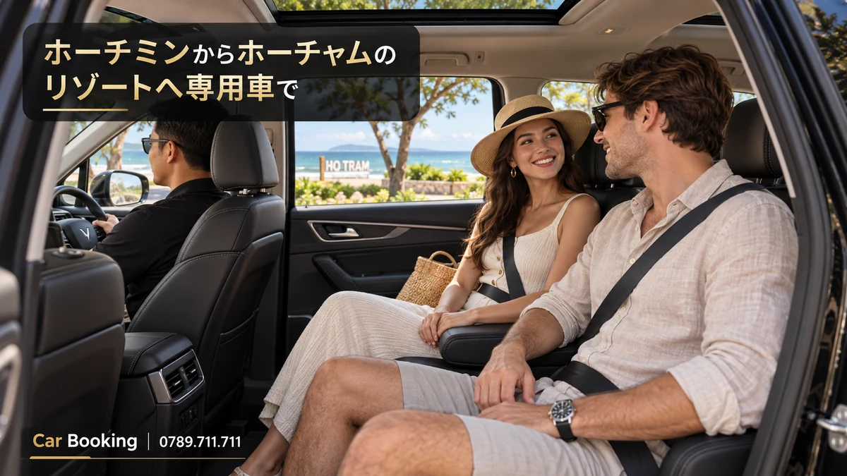 「ホーチミンからホーチャムのリゾートへ専用車で」と記したイメージ。車内の男女の旅行者と左側の運転席。