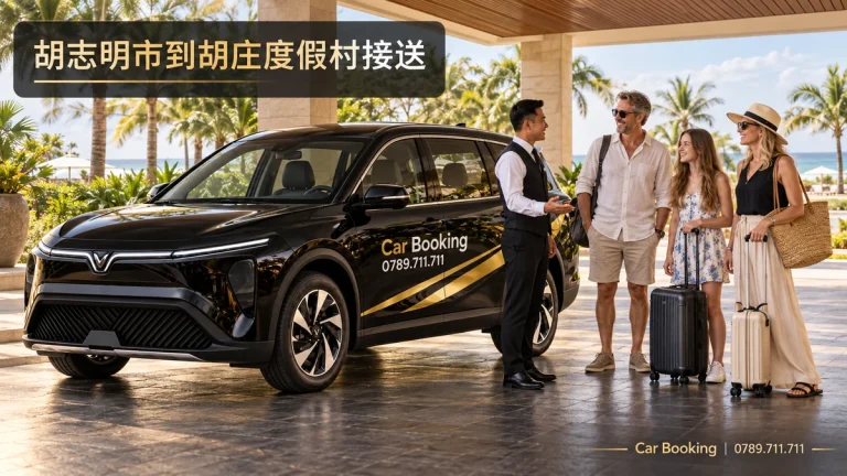 标有“胡志明市到胡庄度假村接送”标题的示意图，展示Car Booking车辆和乘客。