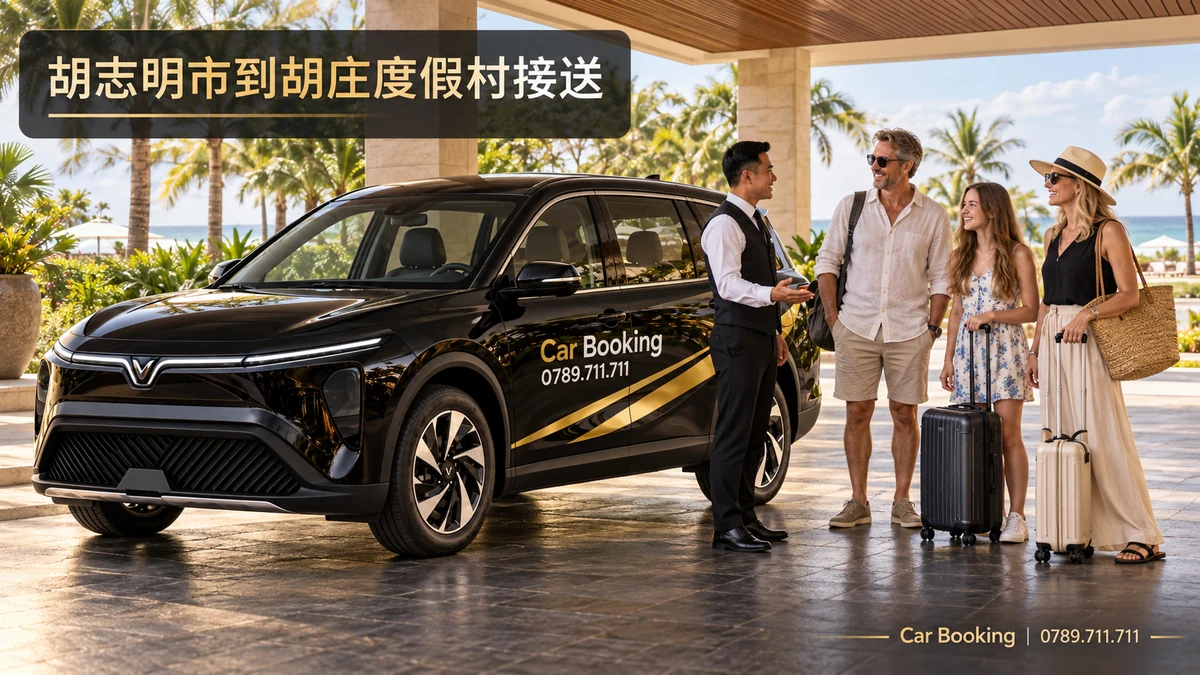 标有“胡志明市到胡庄度假村接送”标题的示意图，展示Car Booking车辆和乘客。
