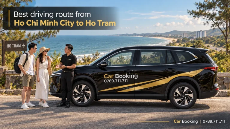 Illustration titled “Best driving route from Ho Chi Minh City to Ho Tram”, with a Car Booking vehicle and travellers.