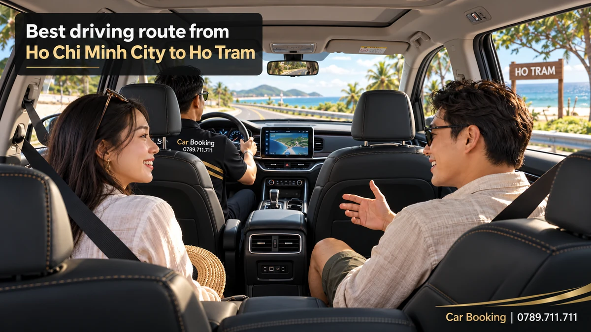 Illustration titled “Best driving route from Ho Chi Minh City to Ho Tram”, with a man and woman in the cabin and a left-hand driving position.