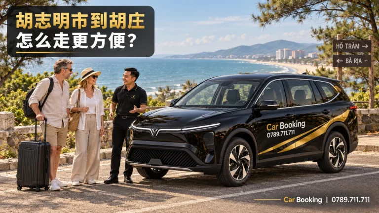 标有“胡志明市到胡庄怎么走更方便”标题的示意图，展示Car Booking车辆和乘客。