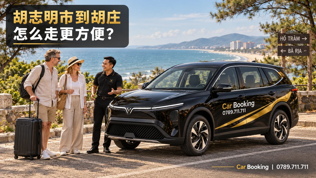 标有“胡志明市到胡庄怎么走更方便”标题的示意图，展示Car Booking车辆和乘客。