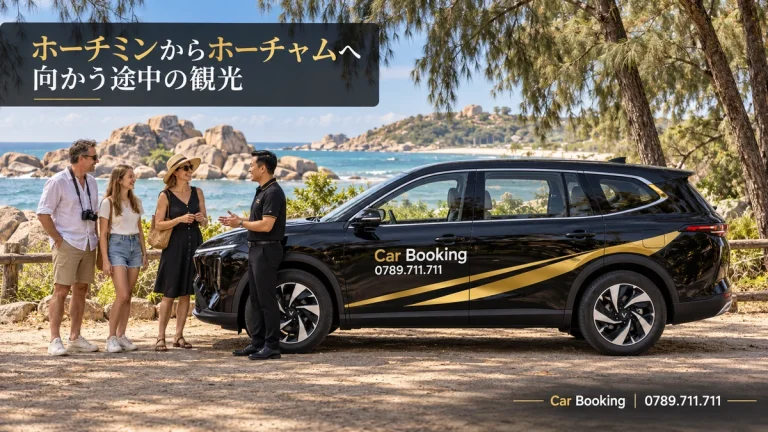 「ホーチミンからホーチャムへ向かう途中の観光」と記したイメージ。Car Bookingの車と旅行者。