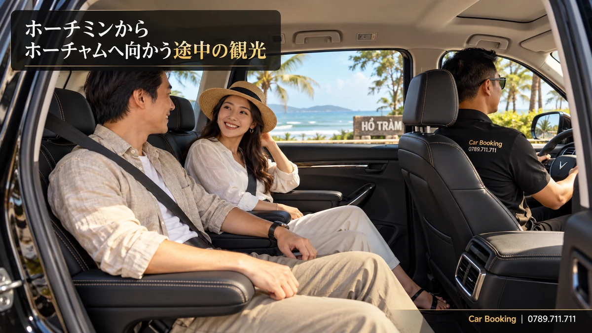 「ホーチミンからホーチャムへ向かう途中の観光」と記したイメージ。車内の男女の旅行者と左側の運転席。