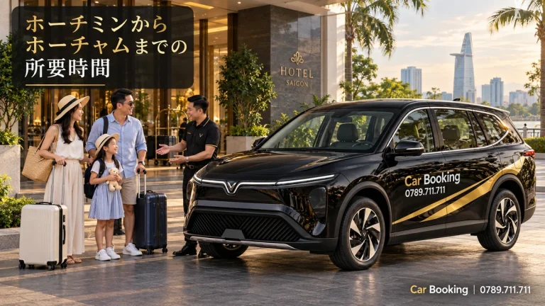「ホーチミンからホーチャムまでの所要時間」と記したイメージ。Car Bookingの車と旅行者。