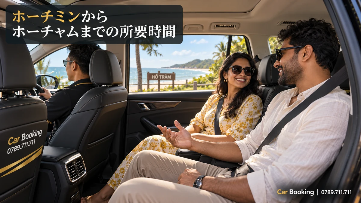 「ホーチミンからホーチャムまでの所要時間」と記したイメージ。車内の男女の旅行者と左側の運転席。