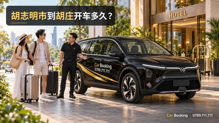 标有“胡志明市到胡庄开车多久”标题的示意图，展示Car Booking车辆和乘客。