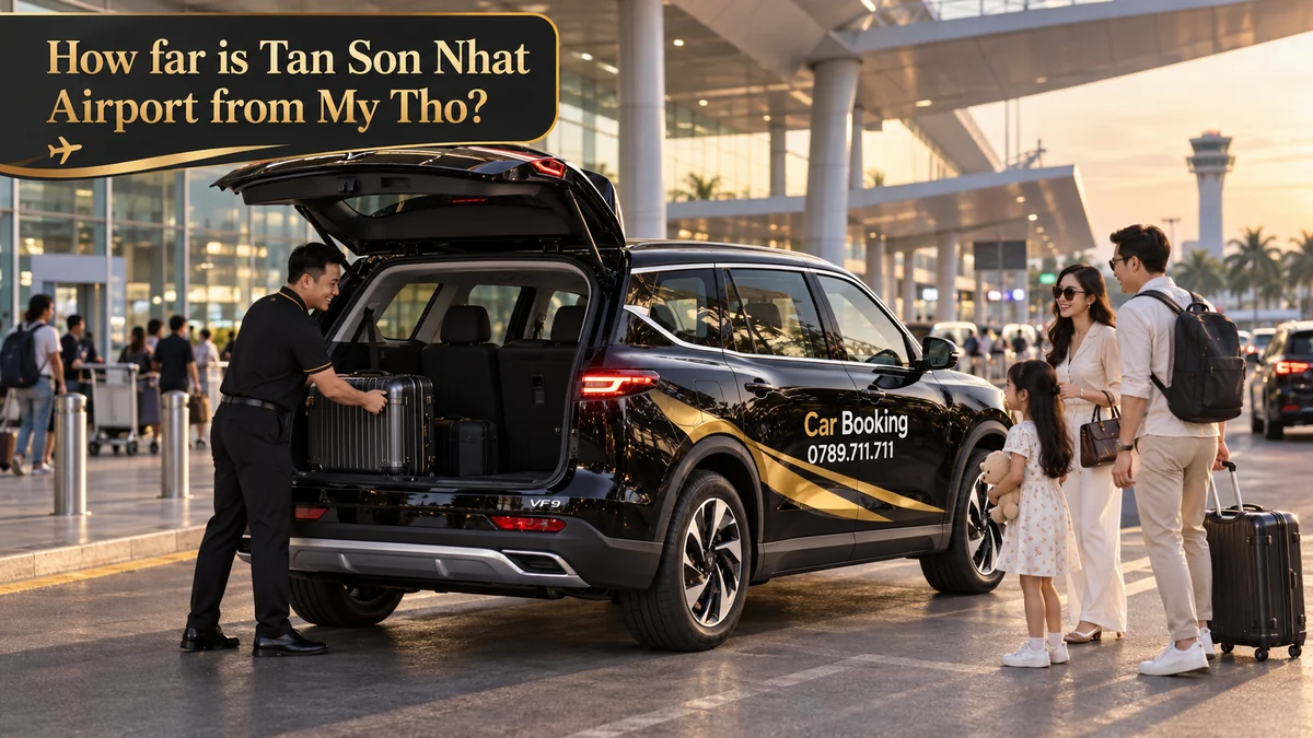 A Car Booking driver loads luggage into a seven-seat SUV at Tan Son Nhat Airport