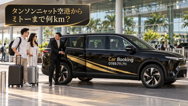 タンソンニャット空港からミトーまでの距離: タンソンニャット空港でCar Bookingの7人乗りSUVに乗る旅行者